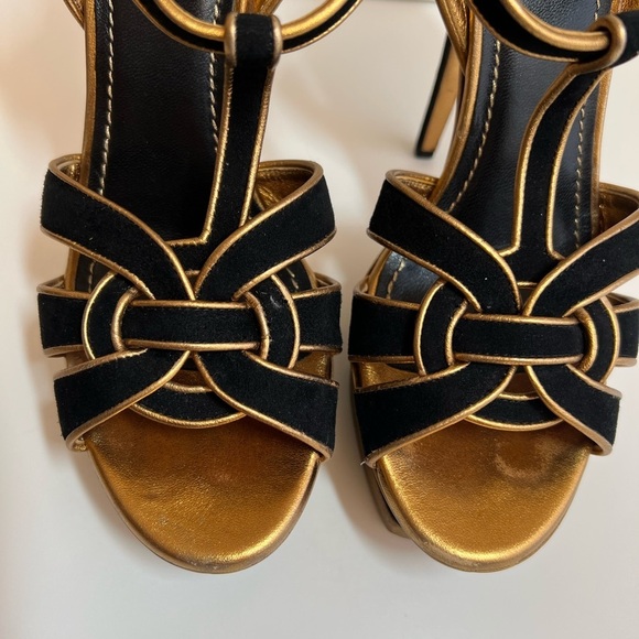 Yves Saint Laurent YSL Suede Black Gold Cutout Accent T-Strap Sandals - Picture 7 of 13